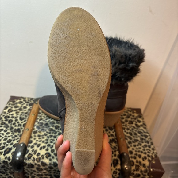 Women's Faux Fur Trim Wedge Boots - Dark Gray - Picture 5 of 5